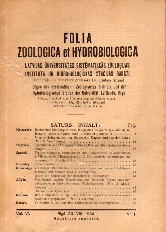 Folia Zoologica et Hydrobiologica  Folia Zoologica et Hydrobiologica Volume VI. Heft Nr.1 (1 Heft) 