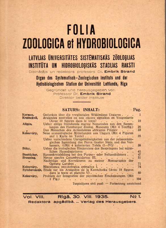Folia Zoologica et Hydrobiologica  Folia Zoologica et Hydrobiologica Volume III. Heft Nr.1, 2 (2 Hefte) 