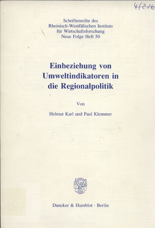 Karl,Helmut+Paul Klemmer  Einbeziehung von Umweltindikatoren in die Regionalpolitik 