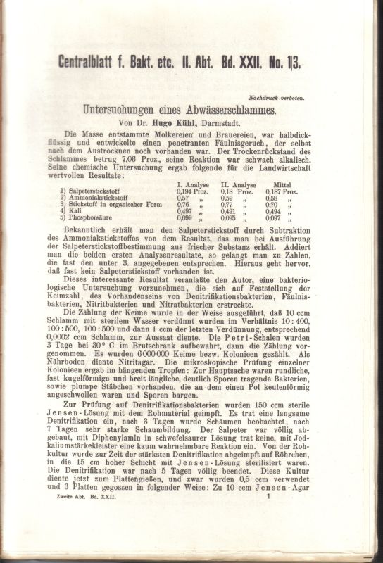 Centralblatt für Bakteriologie, Parasitenkunde  Centralblatt für Bakteriologie, Parasitenkunde 2.Abteilung XXII. Band 