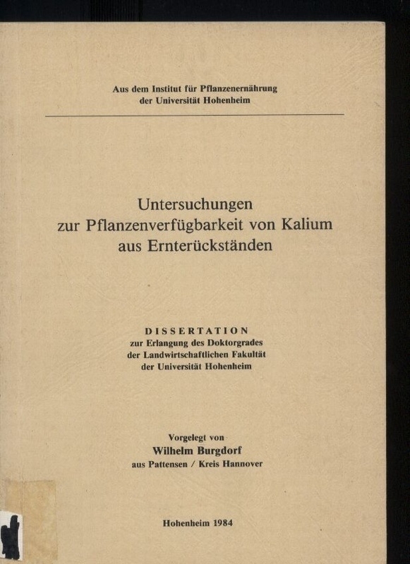 Burgdorf,Wilhelm  Untersuchungen zur Pflanzenverfügbarkeit von Kalium 
