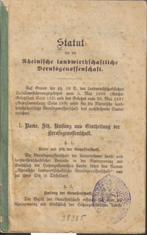 Rheinische landwirthschaftl.Berufsgenossenschaft  Statut für die Rheinische landwirthschaftliche Berufsgenossenschaft 