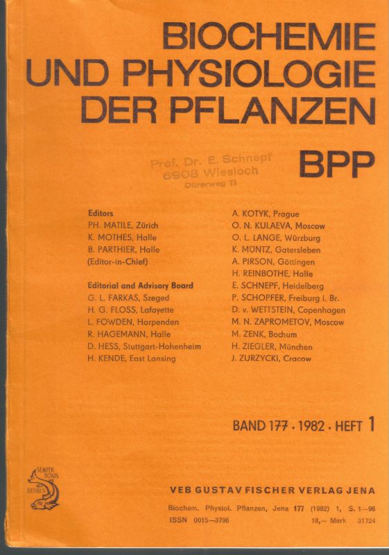 Biochemie und Physiologie der Pflanzen  177.Band 1982 Heft 1 bis 9 (8 Hefte) vollständig 