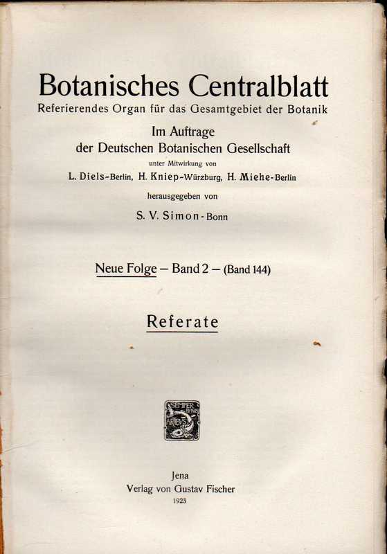 Botanisches Centralblatt  Neue Folge Band 2 (Band 144) 1923 Heft 1-15/16 