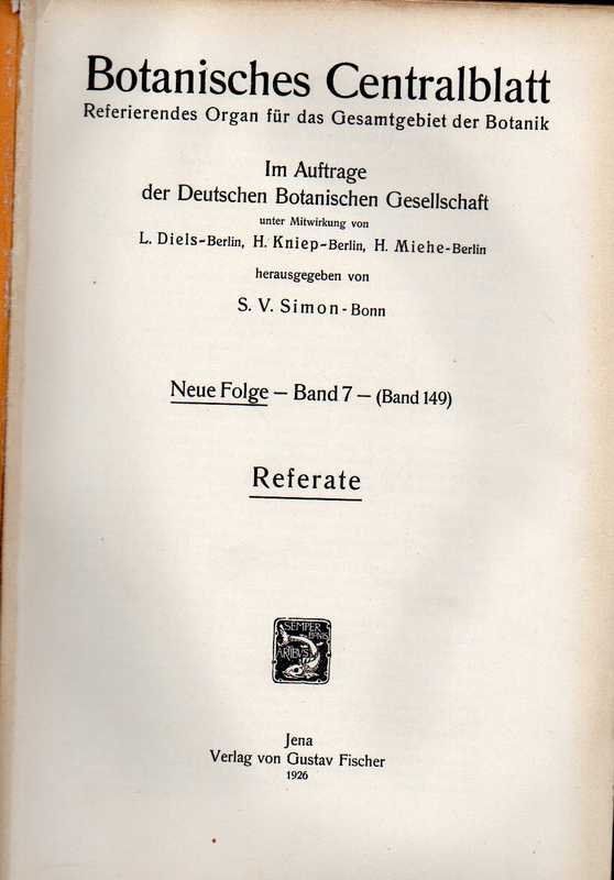 Botanisches Centralblatt  Neue Folge Band 7 (Band 149) 1926 Heft 1/2-14/15 
