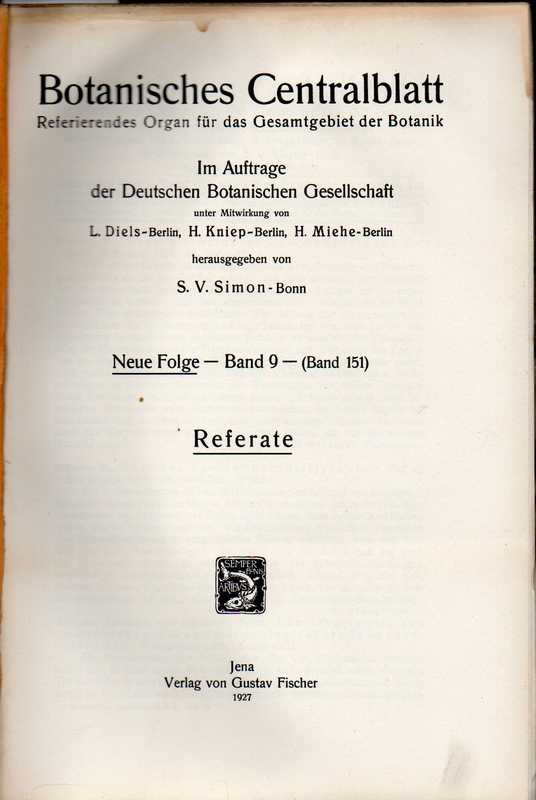 Botanisches Centralblatt  Neue Folge Band 9 (Band 151) 1927 Heft 1/2-14/15 