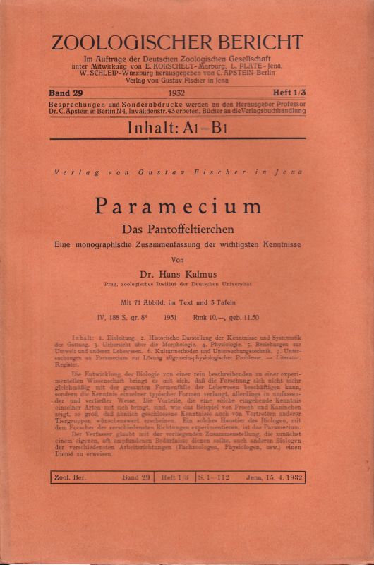 Zoologischer Bericht  Zoologischer Bericht Band 29. 1932 Heft 1/3 bis 15/16 (6 Hefte) 