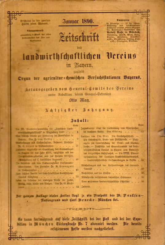Landwirthschaftlicher Verein in Bayern  Zeitschrift.80.Jahrgang 1890.Hefte Januar, Februar und April bis 