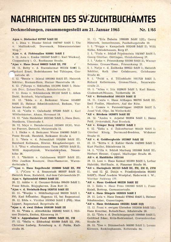 Verein für Deutsche Schäferhunde (SV)  Nachrichten des Zuchtbuchamtes Jahr 1965 