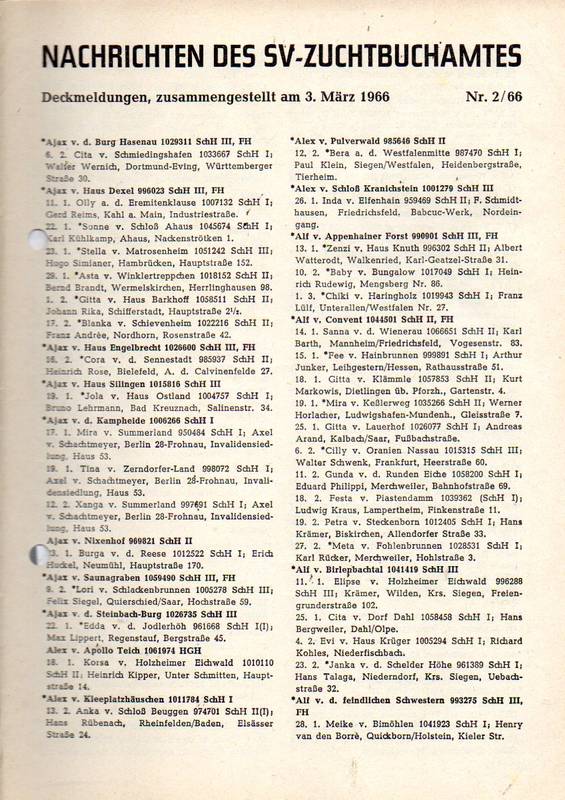 Verein für Deutsche Schäferhunde (SV)  Nachrichten des Zuchtbuchamtes Jahr 1966 