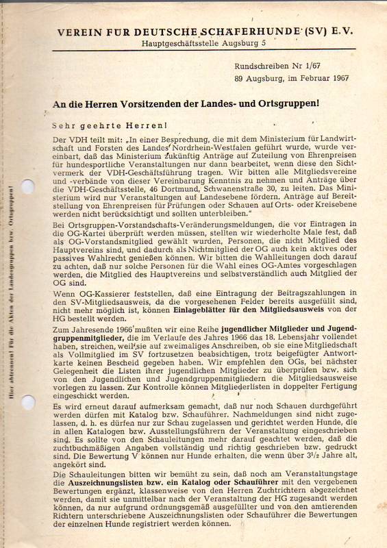 Verein für Deutsche Schäferhunde (SV)  Nachrichten des Zuchtbuchamtes Jahr 1967 