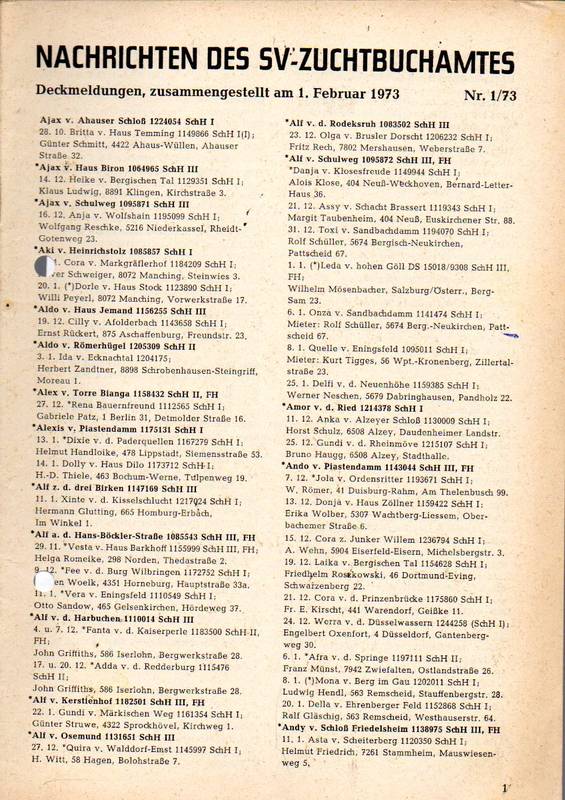 Verein für Deutsche Schäferhunde (SV)  Nachrichten des Zuchtbuchamtes Jahr 1973 