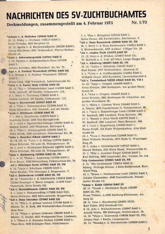 Verein für Deutsche Schäferhunde (SV)  Nachrichten des Zuchtbuchamtes Jahr 1975 