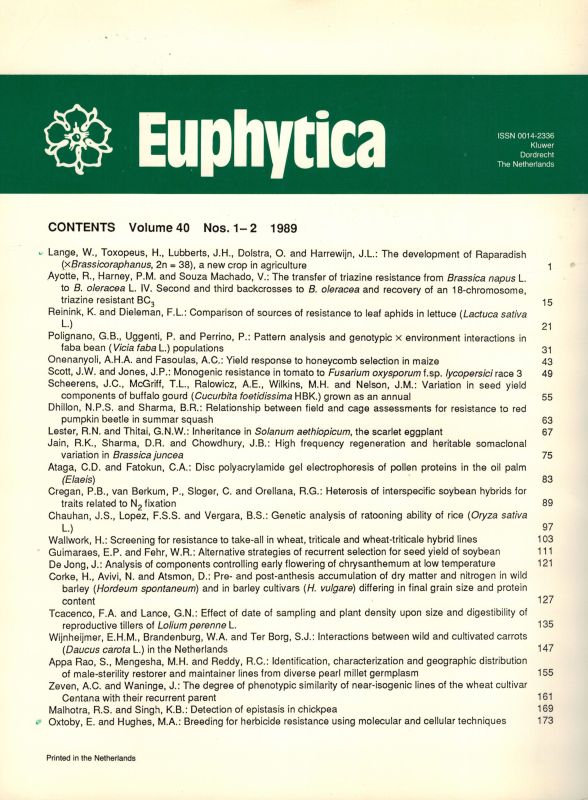 Euphytica  Euphytica Volume 40, 1989 No. 1-2 und 3 (2 Hefte) 