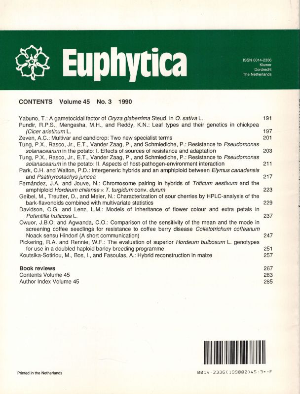Euphytica  Euphytica Volume 45, 1990 No. 1 bis 3 (3 Hefte) 