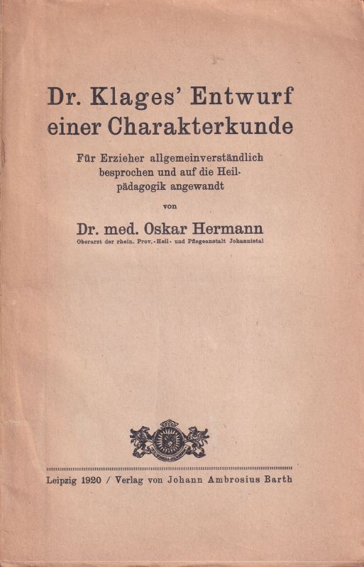 Hermann,Oskar  Dr.Klages Entwurf einer Charakterkunde 
