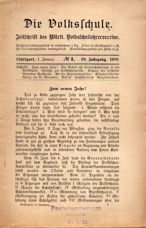 Württembergischer Volksschullehrerverein  Die Volksschule 69.Jahrgang 1909 Hefte 1 bis 24 (24 Hefte) 
