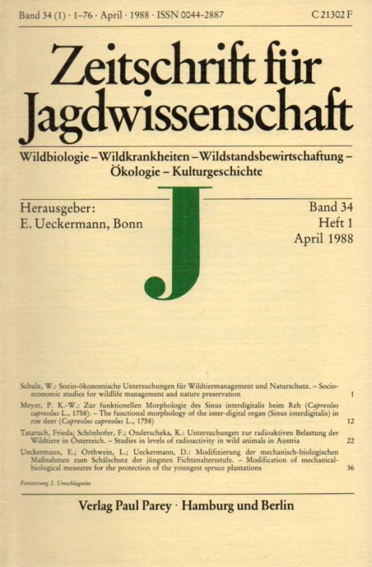 Zeitschrift für Jagdwissenschaft  Zeitschrift für Jagdwissenschaft Band 34,1988, Heft 1 bis 4 (4 Hefte) 