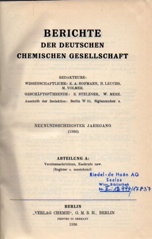 Deutsche Chemische Gesellschaft  Berichte der Deutschen Chemischen Gesellschaft 69.Jahrgang 1936 