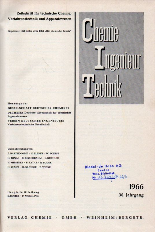 Chemie Ingenieurtechnik  Chemie Ingenieurtechnik 38.Jahrgang 1966 (1 Band) 