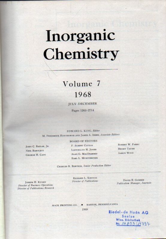 American Chemical Society  Inorganic Chemistry Volume 7 1968 July - December (Number 7 - 12) 