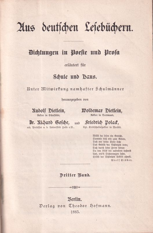 Dietlein,Rudolf und Woldemar und Friedrich Polack  Aus deutschen Lesebüchern Dichtungen in Poesie und Prosa 