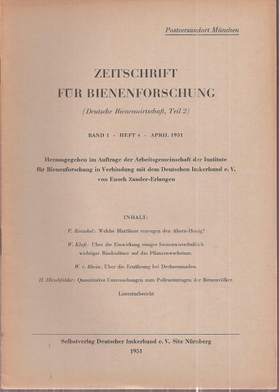 Zeitschrift für Bienenforschung  Zeitschrift für Bienenforschung Band 1 Heft 4 April 1951 
