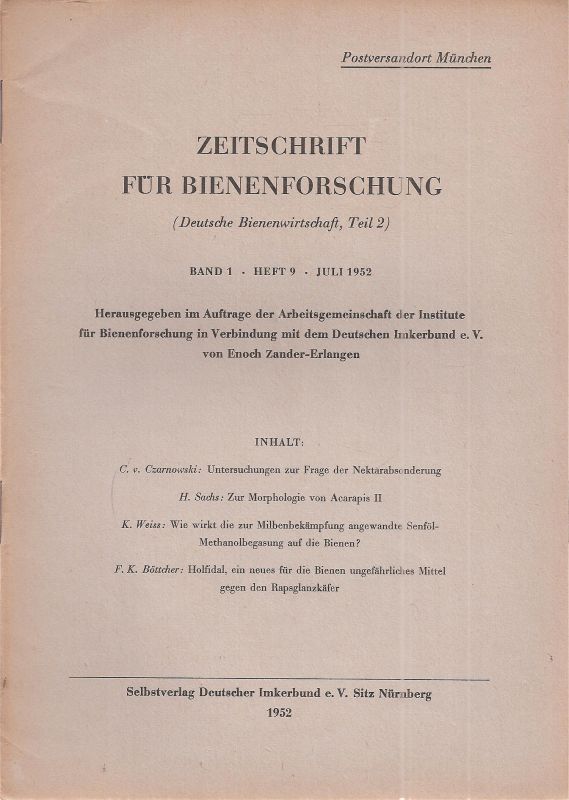 Zeitschrift für Bienenforschung  Zeitschrift für Bienenforschung Band 1 Heft 9 Juli 1952 