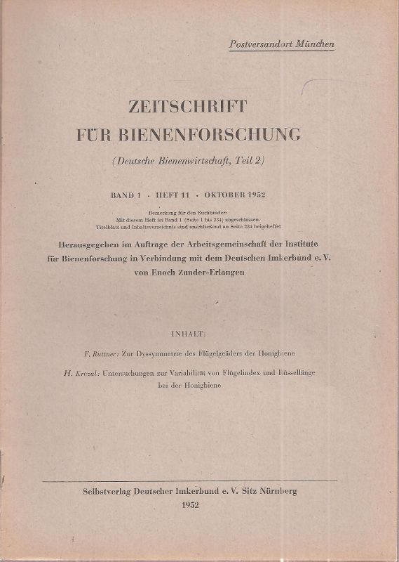 Zeitschrift für Bienenforschung  Zeitschrift für Bienenforschung Band 1 Heft 11 Oktober 1952 
