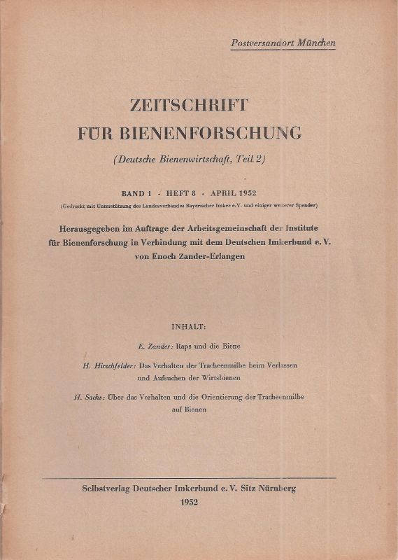 Zeitschrift für Bienenforschung  Zeitschrift für Bienenforschung Band 1 Heft 8 April 1952 