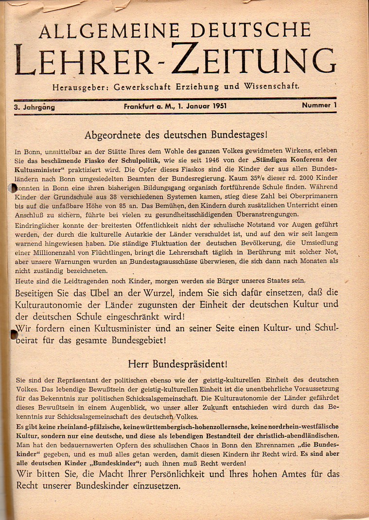 Allgemeine Deutsche Lehrerzeitung  Allgemeine Deutsche Lehrerzeitung 3.Jahrgang 1951 Nr.1 bis 22 