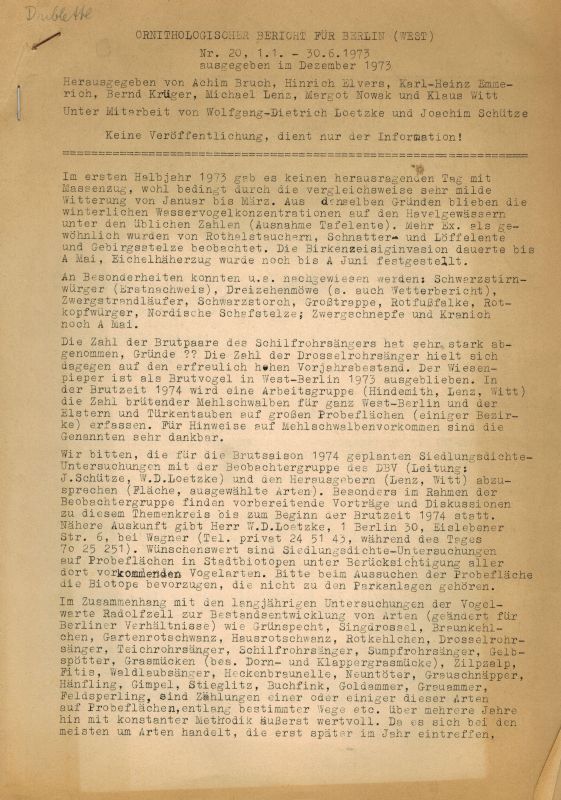 Bruch,Achim und Bernd Krüger und andere  Ornithologische Berichte für Berlin (West) von 1967 bis 1973 