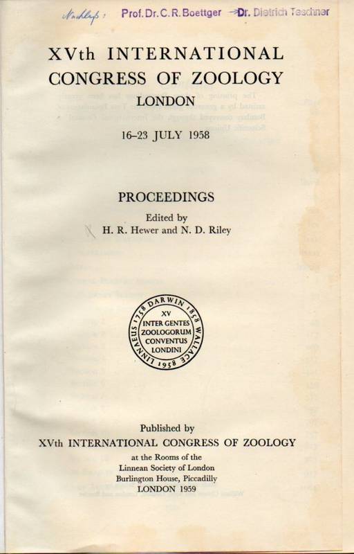 Hewer,H.R. and N.D.Riley  XVth International Congress Of Zoology London 1958 