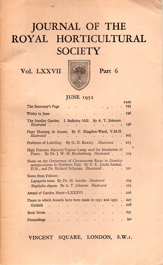 Journal of the Royal Horticultural Society  Volume LXXVII. Part 6 June 1952 
