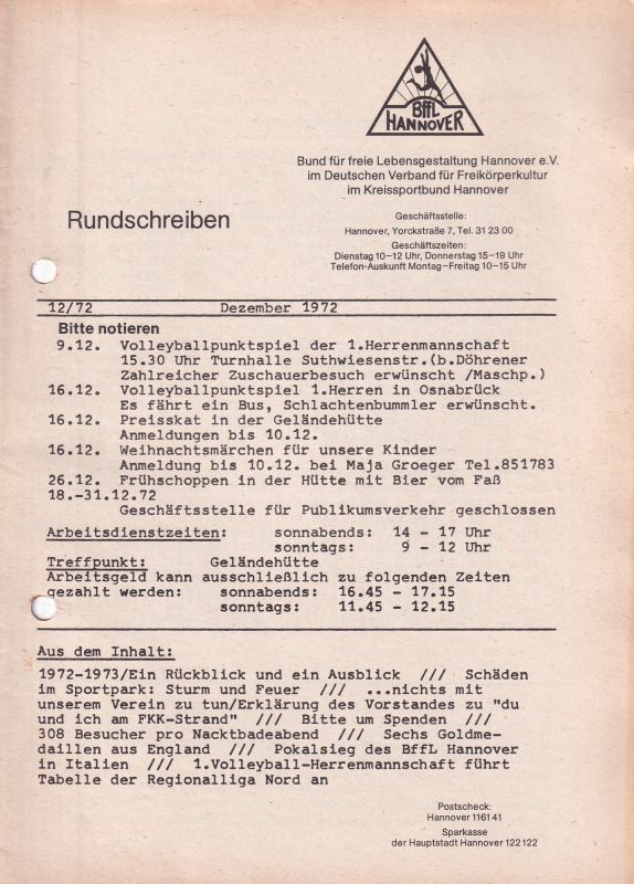 Bund für Freie Lebensgestaltung Hannover e.V.  Rundschreiben für das Jahr 1972 Heft Januar bis Dezember (12 Hefte) 