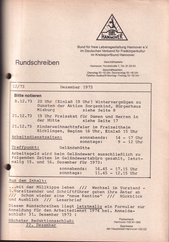 Bund für Freie Lebensgestaltung Hannover e.V.  Rundschreiben für das Jahr 1973 Heft Januar bis Dezember (12 Hefte) 