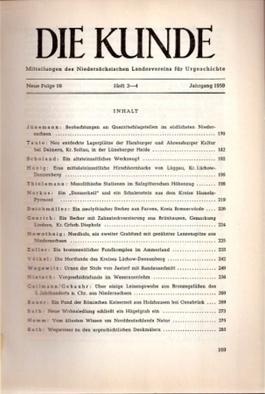 Niedersächsischer Landesverein für Urgeschichte  Die Kunde Jahrgang 1959 Neue Folge 10 Heft 3-4 (1 Heft) 