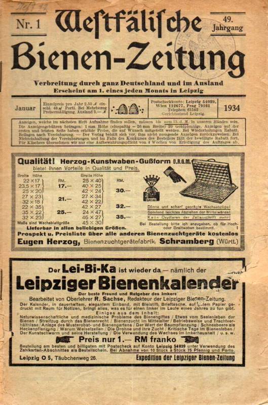 Westfälische Bienen-Zeitung  49.Jahrgang 1934 Heft 1 bis 11 (11 Hefte) Heft 12 fehlt 
