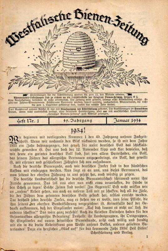Westfälische Bienen-Zeitung  49.Jahrgang 1934 Heft 1-3 und 5-10 (9 Hefte) 