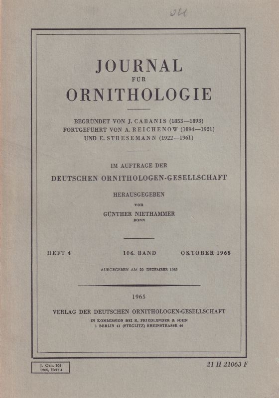 Journal für Ornithologie  Journal für Ornithologie 106.Band 1965 Heft 4 (1 Heft) 