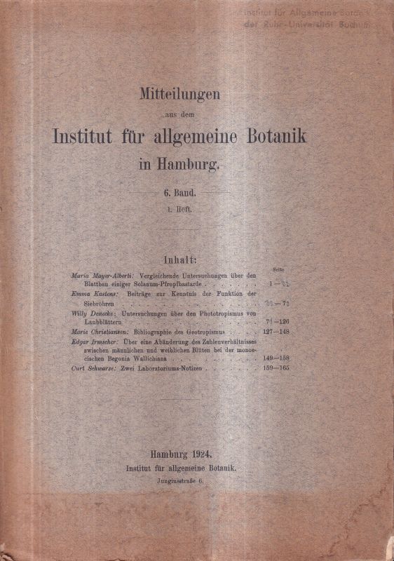 Institut für allgemeine Botanik in Hamburg  Mitteilungen aus dem Institut für allgemeine Botanik 6.Band 1924 