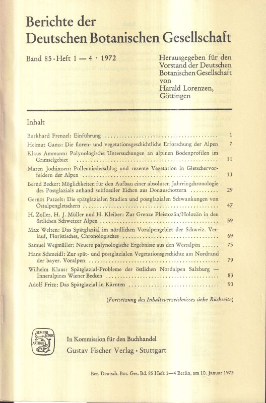 Deutsche Botanische Gesellschaft  Band 85.Jahr 1972.Heft 1/4 bis 10/12 (4 Hefte) 
