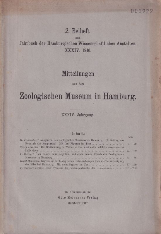 Zoologisches Museum in Hamburg  Mitteilungen aus dem Zoologischen Museum in Hamburg XXXIV.Jahrgang 