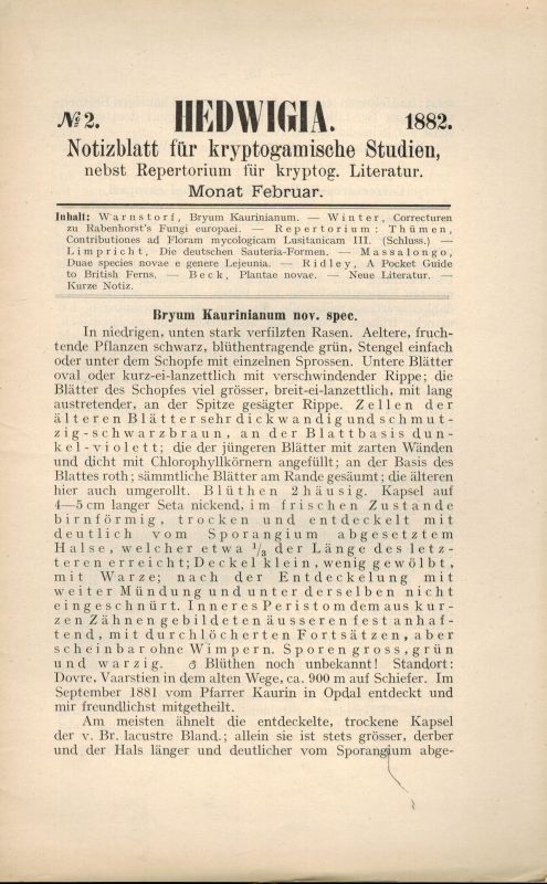 Rabenhorst,L.  Hedwigia Zweiundzwanzigster Band 1882 Nr. 2-12 (11 Hefte) 