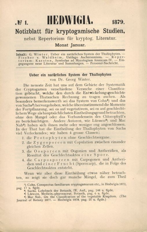 Winter,G.  Hedwigia Band Jahr 1879 Heft 1 und 3 bis 10 (9 Hefte) 