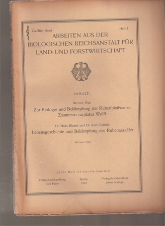 Biologische Reichsanstalt für Land-und Forst  12.Band 1923,Heft 1 (1 Heft) 