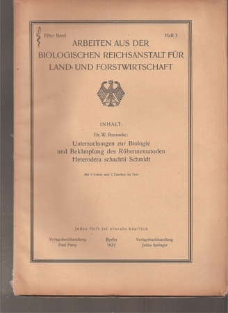 Biologische Reichsanstalt für Land-und Forst  11.Band 1922,Heft 3 (1 Heft).Jubiläumsband 