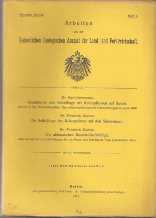Gehrmann,Karl+Friedrich Zacher  Krankheiten und Schädlinge der Kulturpflanzen auf Samoa 