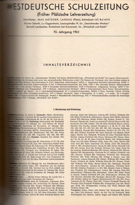 Westdeutsche Schulzeitung  Westdeutsche Schulzeitung 70.Jahrgang 1961 Nr.1 bis 20 (1 Band) 