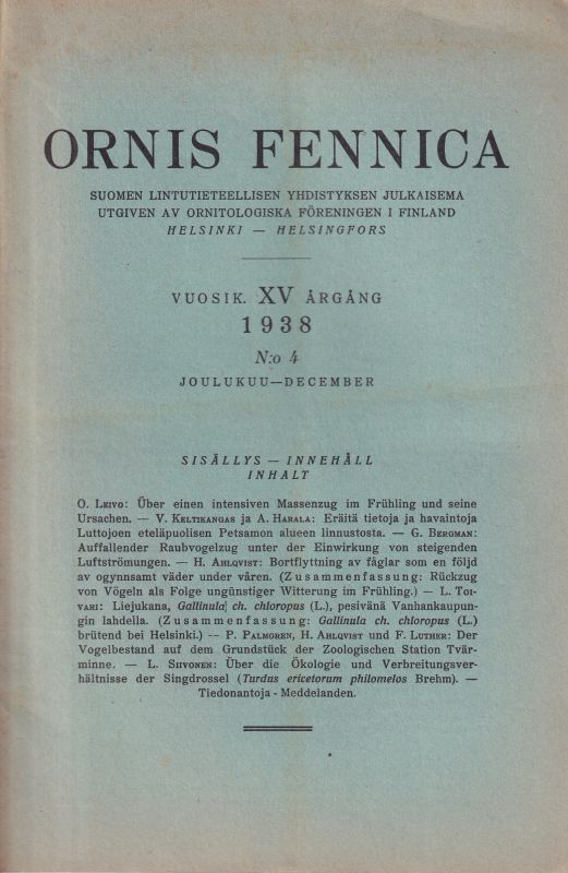 Ornis Fennica  Ornis Fennica XV Argang 1938 Heft No. 4 